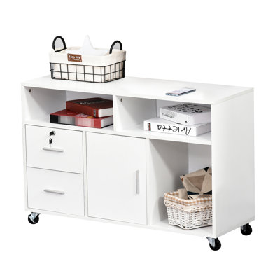 Printer Stand For Home Office - White Mobile Cabinet Organizer With 2 Locking Breaks, Drawer, And Space Pens Magazines Storage Caster Wheels, 3 Shelves Organizing Supplies