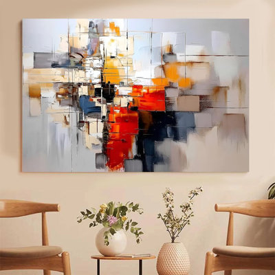 Art mural sur toile encadré en 2 dimensions, composition géométrique abstraite, patchwork de blocs de tons chauds, impression sur toile de style abstrait moderne, reproduction d'art sur toile, cadeau idéal, prêt à accrocher
