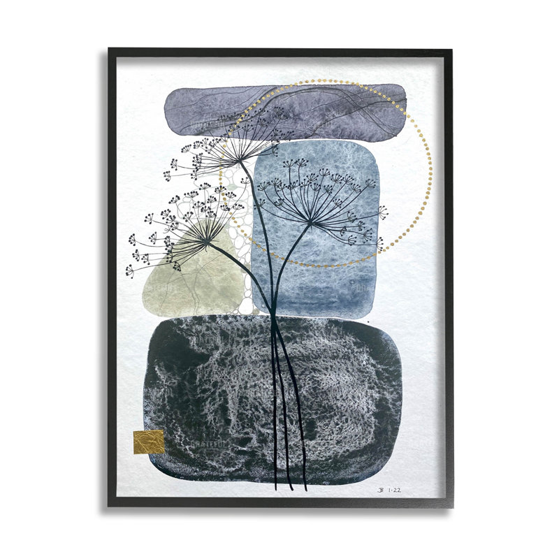 Cailloux botaniques modernes superposés, estampe numérique par Jocelyn Benford, Giclée encadrée noir minuit