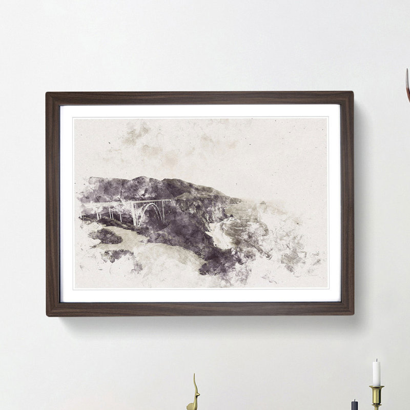 The Bixby Creek Bridge in California Watercolour - Picture Frame Graphic Art Print, 40cm H x 60cm W x 2cm D, Walnut Framed