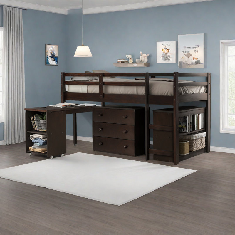 Lit mezzanine bas 3 tiroirs Anne avec commode, bureau et tablettes par Three Posts Baby & Kids, Simple, Espresso