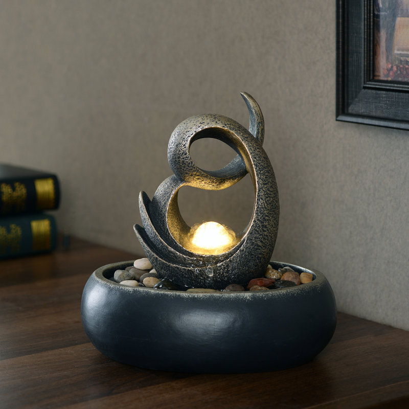 Charcoal Polyresin Tabletop Fountain with LED Light