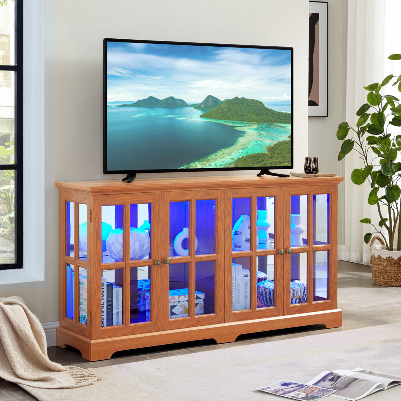 Vitrine avec tablettes réglables, poignées en métal et éclairage à DEL télécommandé pour la décoration intérieure, Chêne
