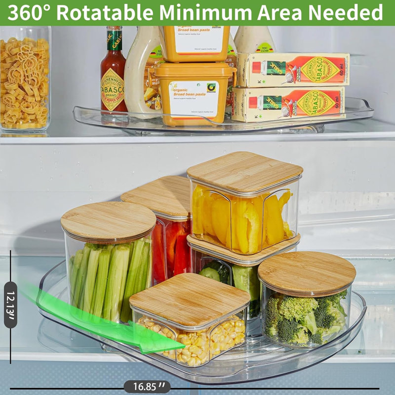 Deriona Lazy Susan Turntable Organizer for Refrigerator, Clear Rectangular Fridge Organizer Storage
