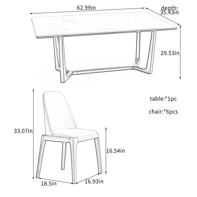 Ensemble de table de salle à manger robuste en dalle épaisse et en bois massif., H 29,53 po x L 62,99 po x l 35,43 po