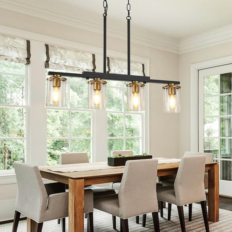 Modern Farmhouse Chandelier With Clear Glass Shade,  Kitchen Island Lighting, Adjustable Height, Black And Gold Metal Pendant Light Fixture