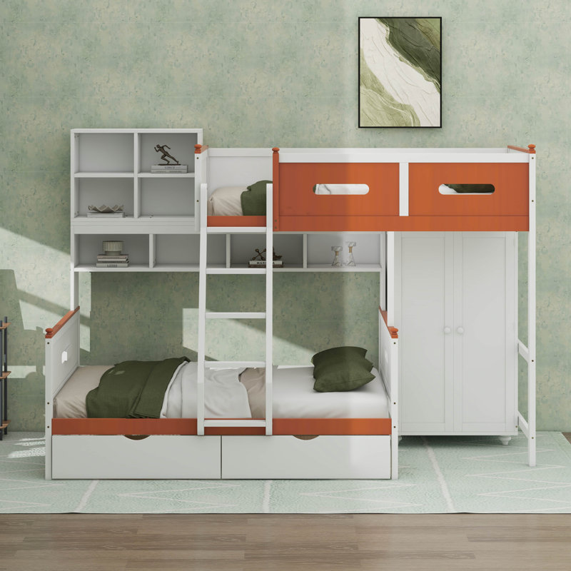 Lit simple superposé au dessus d'un lit double, lit en bois pour enfant avec garde-robe et tiroirs