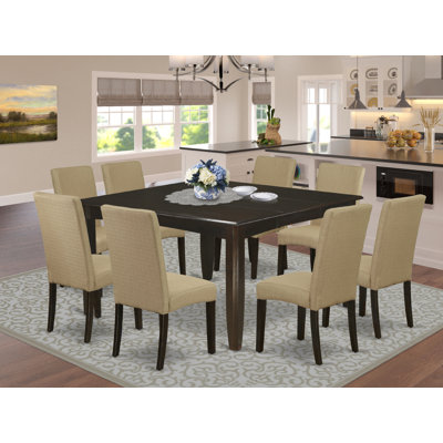 9 Piece Dining Set Includes a Square Dining Table with Butterfly Leaf and 8 Brown Linen Fabric Upholstered Parson Chairs, Cappuccino