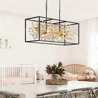Modern Crystal Chandelier For Dining Room And Kitchen Island, Luxury Rectangle Pendant Light Fixture With Black And Gold Finish, 38.5 Inch Contemporary Design