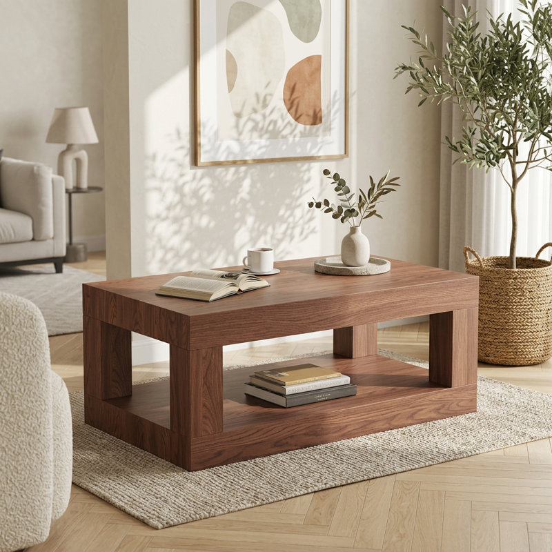Contemporary Two-Tier Rectangular Coffee Table with Open Shelf Storage, Crafted from Durable Engineered Wood
