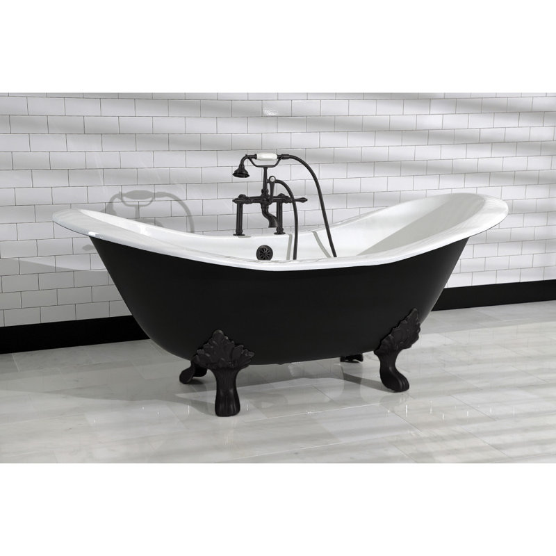 Kingston Brass Aqua Eden 72-Inch Cast Iron Oval Double Slipper Clawfoot Tub (7-Inch Faucet Drillings), White/Matte Black