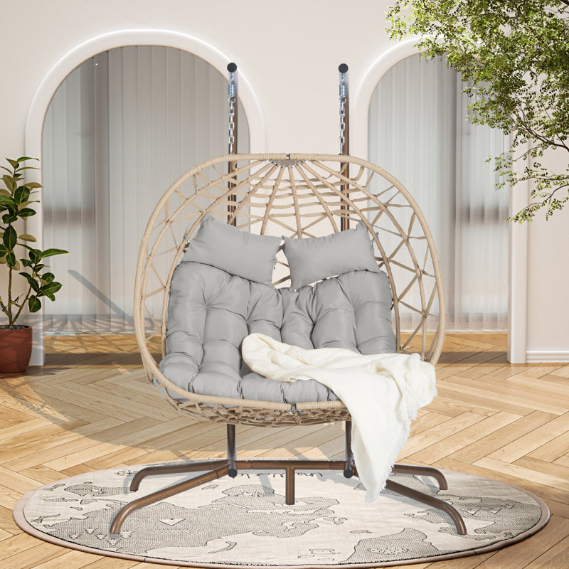 Chaise suspendue en rotin pour 2 personnes, Naturel, Gris clair, 75.19"