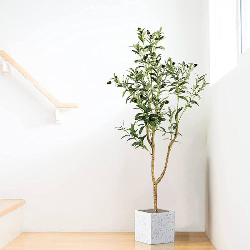 Faux Fiddle Leaf Fig Tree in Cement Pot, 120cm H x 20cm W x 20cm D