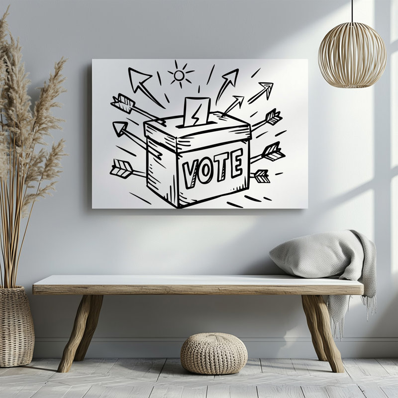 La toile crée une illustration fantaisiste d'une urne caractérisée par un art mural, des lignes tracées à la main et un style ludique et lustré sur toile
