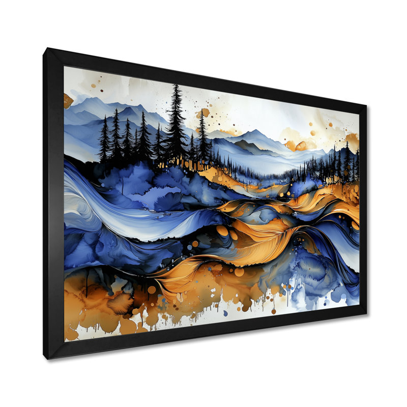 «Golden Aqua», art mural à l'encre liquide «Forest», H 12 po x l 20 po, Cadre simple, Noir