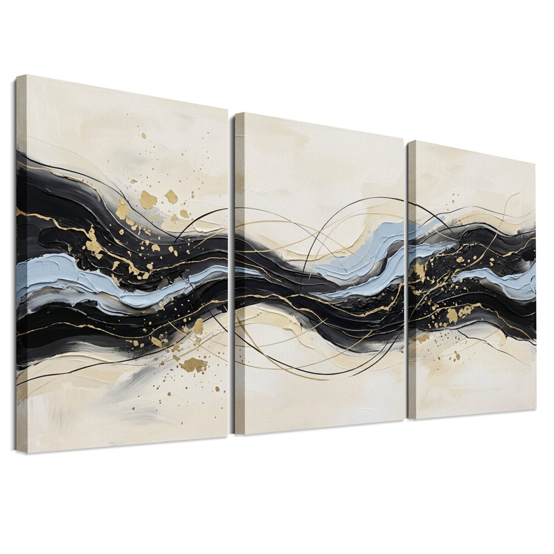 Ensemble de 3 toiles abstraites noires et dorées, H 24 po x l 16 po x 3 pièces
