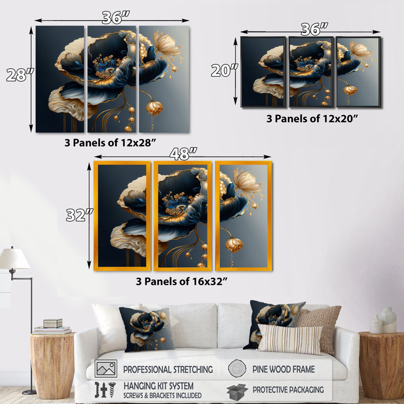 «Deep Blue and Gold Single Flower I», ensemble de 3 impressions, Cadre blanc, H 32 po x l 48 po x P 1 po