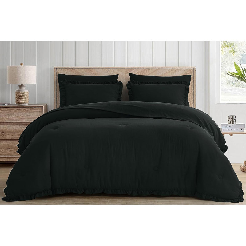 Ruffled Edge Microfiber Bed in a Bag Comforter Set, King Comforter + 6 Additional Pieces, Black