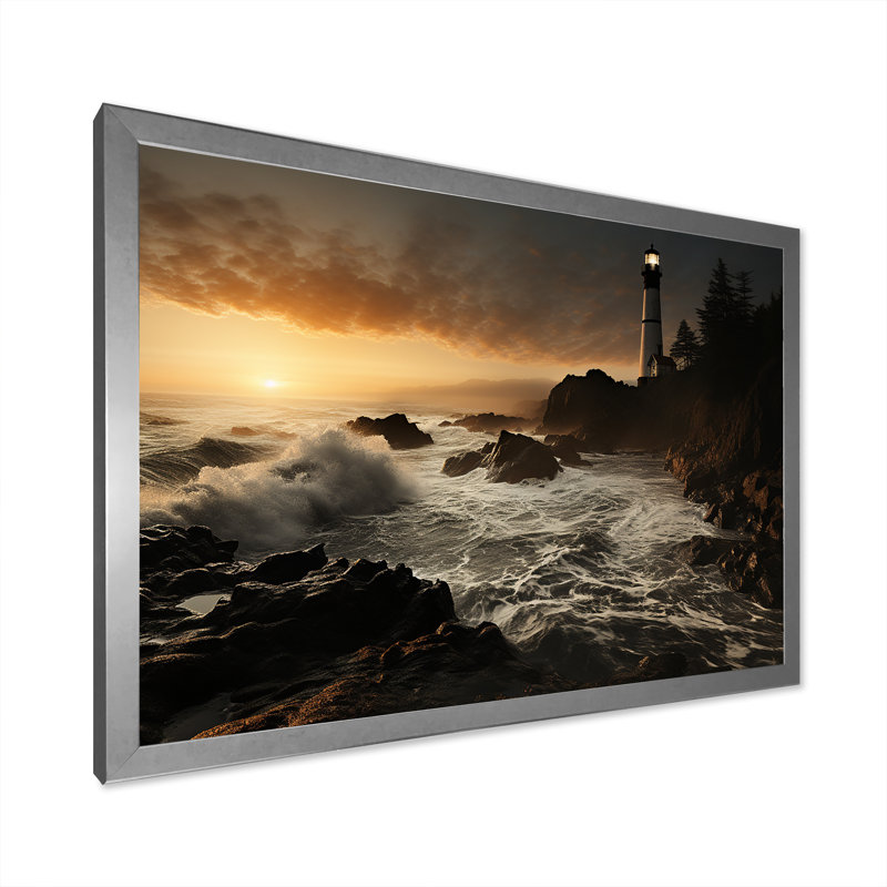 Coastal Light House Panorama - reproduction sur toile, Cadre de coin argenté fermé, H 34 po x l 44 po x P 1,5 po