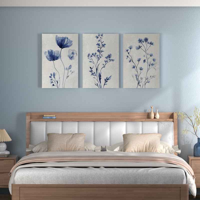 Blue Floral Botanical Canvas Wrapped Wall Art, Abstract Watercolor Print (Set of 3), 18" H x 36" W