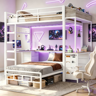Bunk Bed with 2 Desk and 6 Storage Drawers & 2 Toy storage boxes, LED Metal Twin Captain Bed Small Bedroom Maximize space utilization for 2 Kids