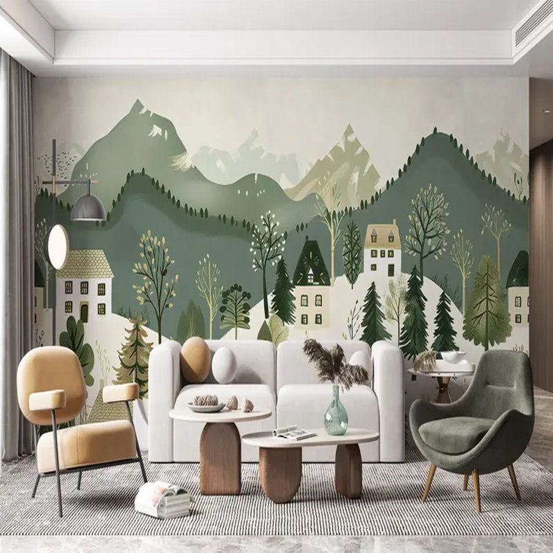 Murale fantaisiste forêt alpine village, L 108 po x l 96 po