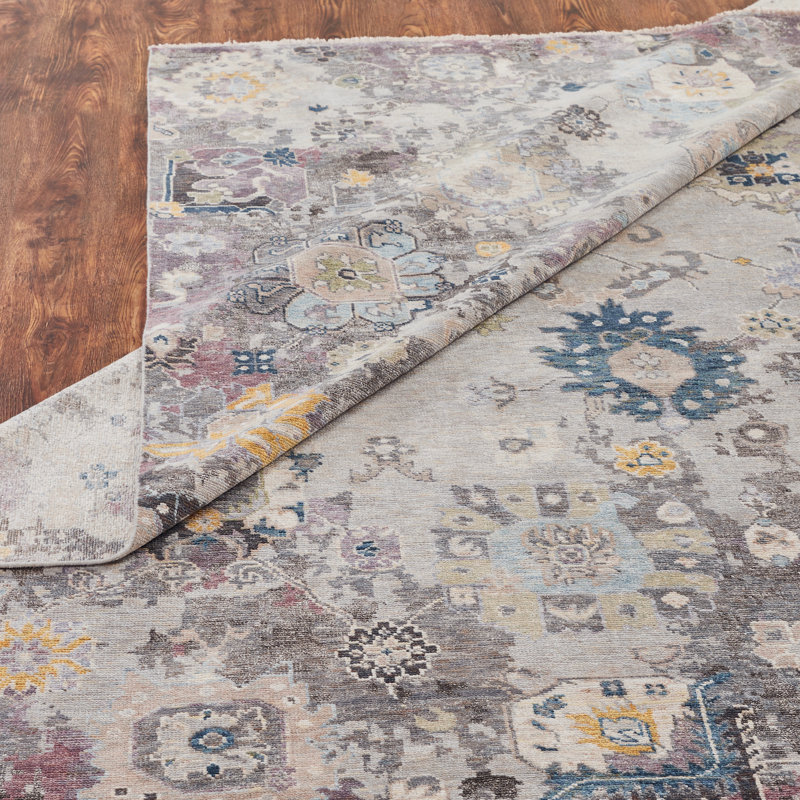 Tapis noué à la main à motif de mosaïque de fleurs Jean, Rectangulaire 2 pi x 3 pi
