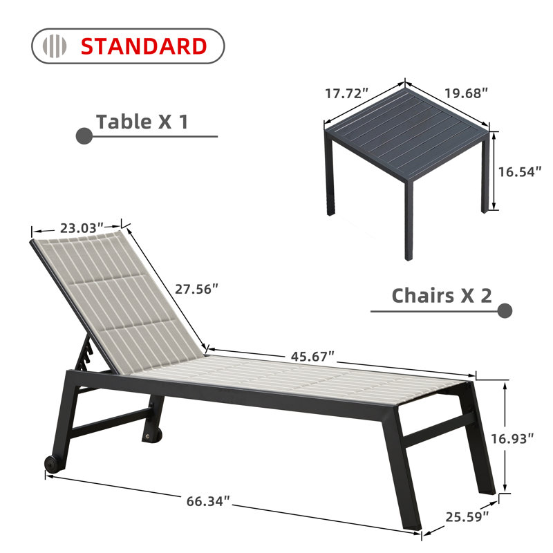 Chaise longue inclinable 66,15 po avec table, Rayures grises