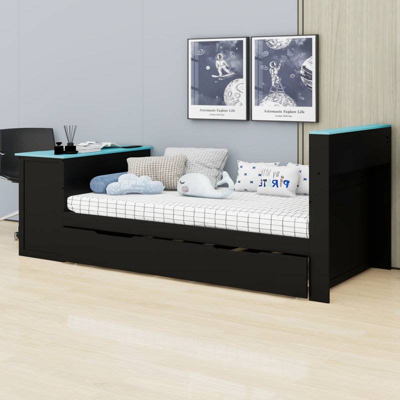 Lit de jour en bois avec couchette, bureau d'écriture, éclairage à DEL intégré et ports de charge USB, Noir + bleu