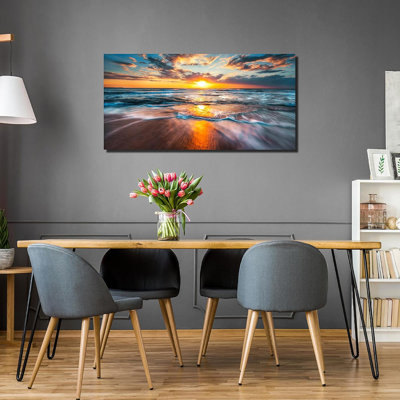 Sun Wall Art For Living Room, Blue Wave And Large Coastal Beach Wall-Decor For Bedroom, Gold Sun Scenery Poster Canvas Print, Size 40 X 20 Inches
