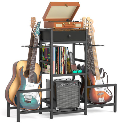 Support multi-guitare avec rangement pour amplis, tiroir en tissu et tablette réglable, brun rustique et noir