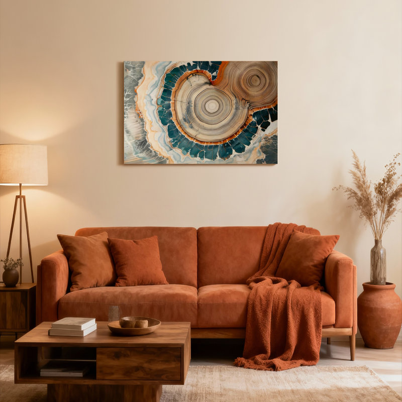Ensemble de 1 tableau sur toile tendue à motif abstrait d'anneaux d'arbre et d'agate, H 12 po x l 18 po