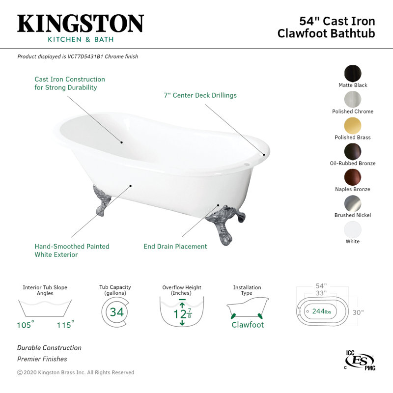 Kingston Brass Tazatina 54-Inch Cast Iron Oval Single Slipper Clawfoot Tub (7-Inch Faucet Drillings), Naples Bronze