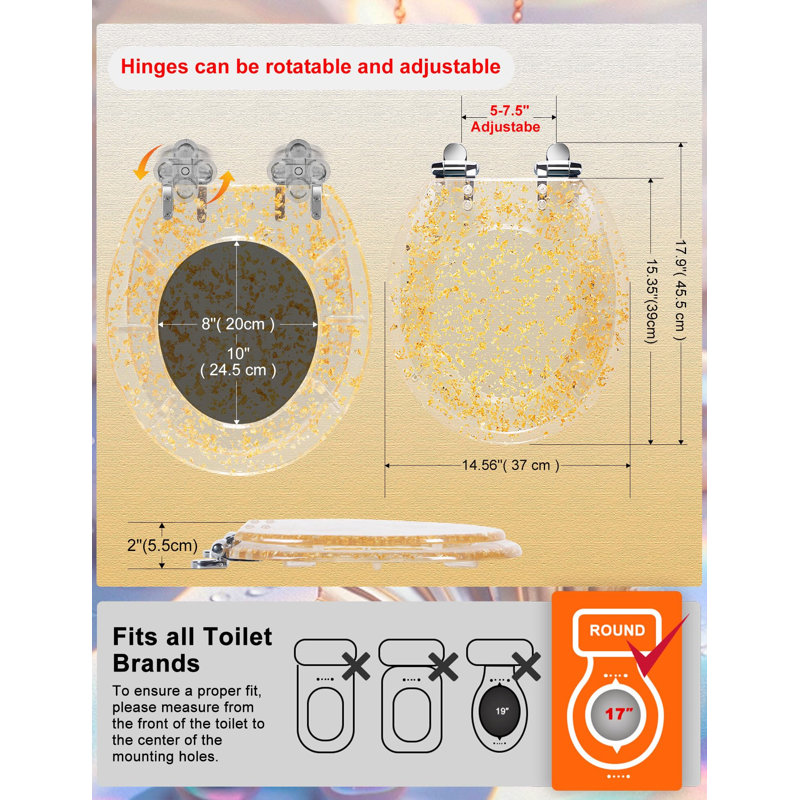 Siège de toilette, charnière en alliage de zinc à fermeture rapide à fermeture en douceur Facile à installer et facile à nettoyer, sièges décoratifs en acrylique (feuille d'or)