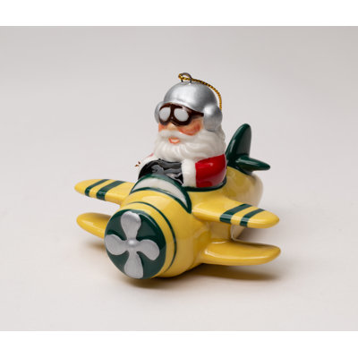 Santa Driving a Yellow Plane Ornament 2 1/2"H