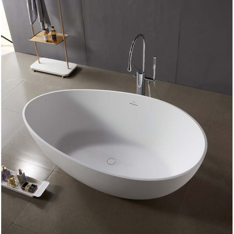 63"freestanding Soaking Stone Bathtub Solid Surface Tub With Irregular Shape, Matte White