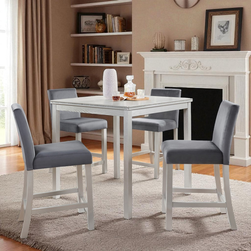 5 Piece Counter Height Table Set, Wooden Kitchen Table Set With Square Table And 4 Upholstered Chairs, Counter Height Dining Table With Crystal Decoration And Chair Set, Silver Grey