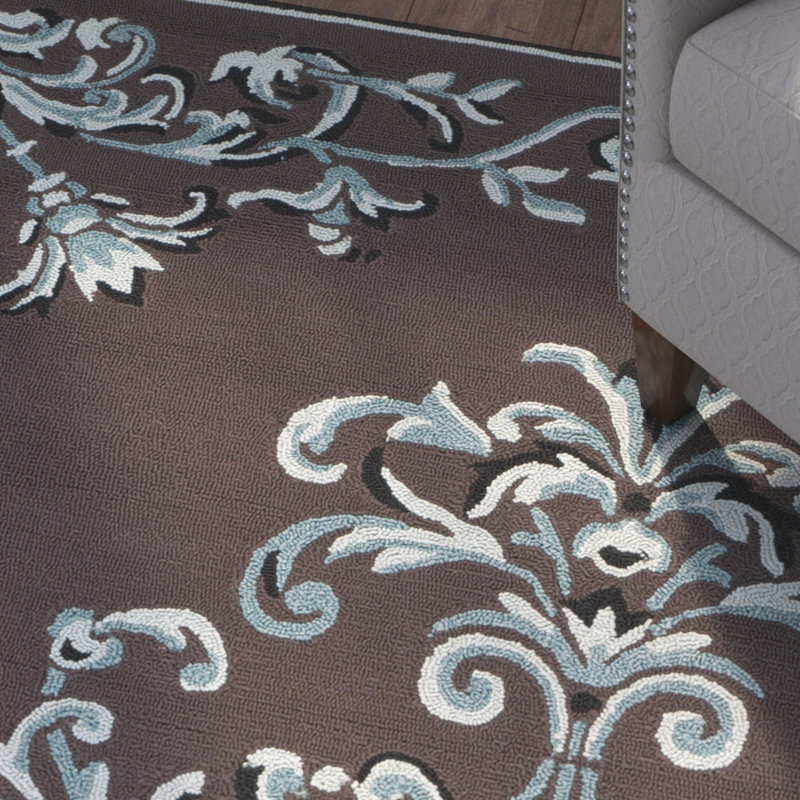 Sedgemoor Hand-Hooked Dark Brown/White/Blue Area Rug, Rectangle 9' x 12'
