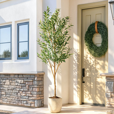 6 Ft Faux Olive Tree with Natural Wood Trunk, Realistic Silk Leaves & Olive Fruits, Fake Potted Olive Plant with Black Pot for Indoor Outdoor Home Living Room Office Entryway Patio Decor