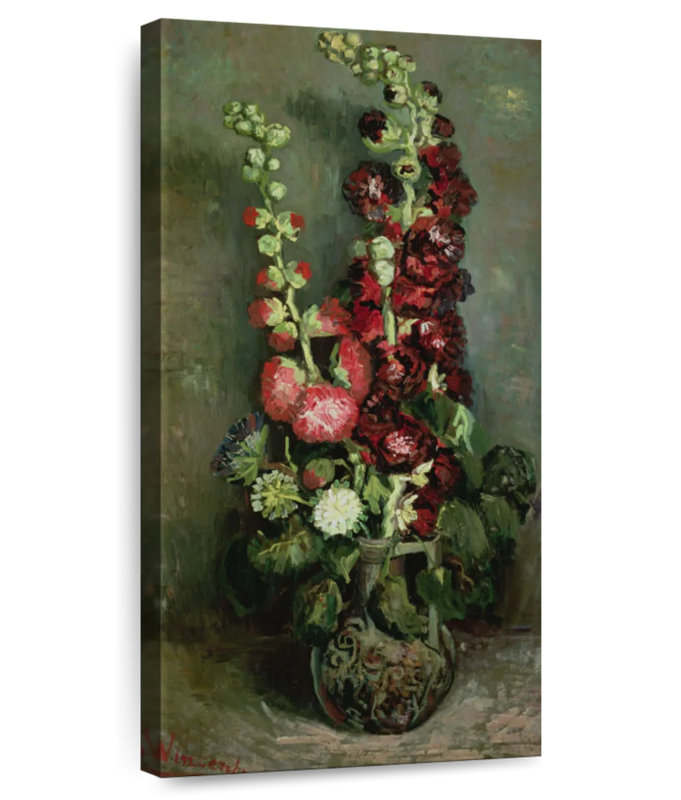 Vase de roses trémières, H 30 po x l 15 po