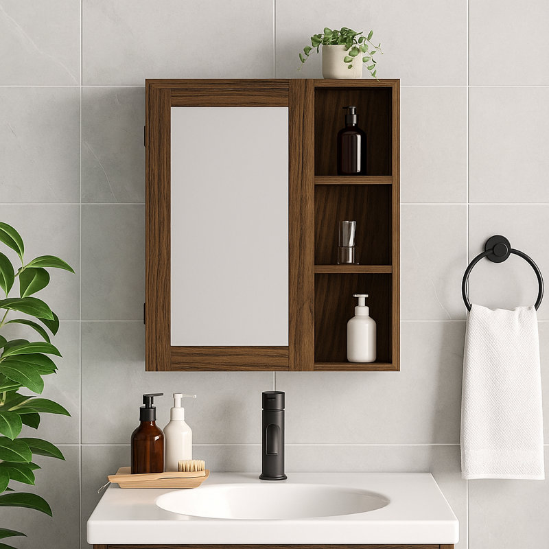 Evalyse Wooden Medicine Storage Cabinet With Mirror and Open Shelves for Bathroom or Entryway