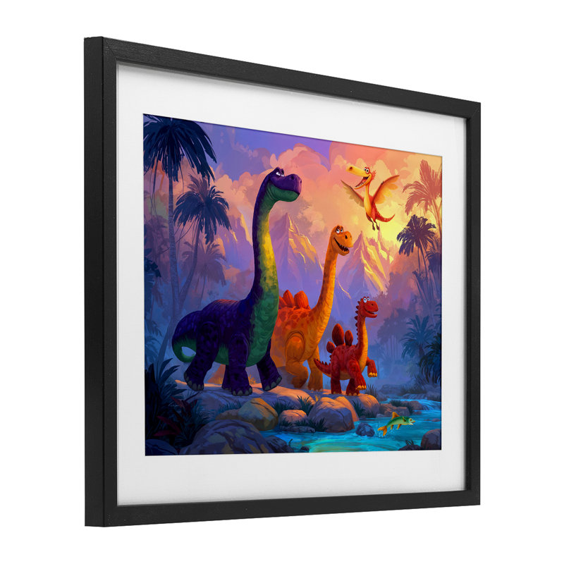 «Dinosaur Friends In The Jungle», reproduction sous verre encadrée, design par Wumples, H 17 po x l 21 po, Cadre noir minuit