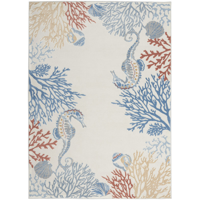 Baeza Animal Print Ivory/Blue/Red Area Rug, Rectangle 4' x 6'