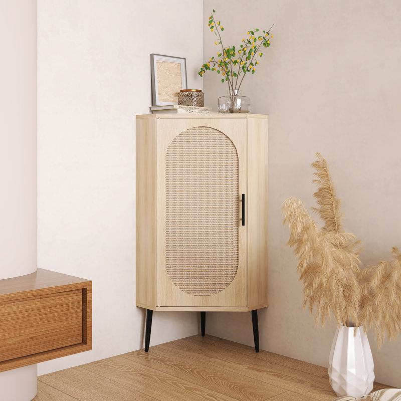 Corner Floor Accent Cabinet With Rattan Door