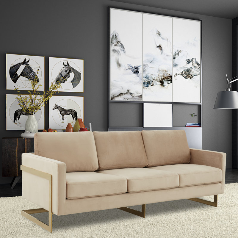 Canapé confortable en velours 3 places avec base en acier inoxydable Bellago, Beige
