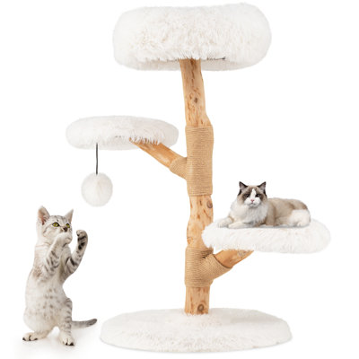 Cat Tree with Perch, Natural Jute Scratching Posts, Dangling Ball, Soft Long Plush Natural & White