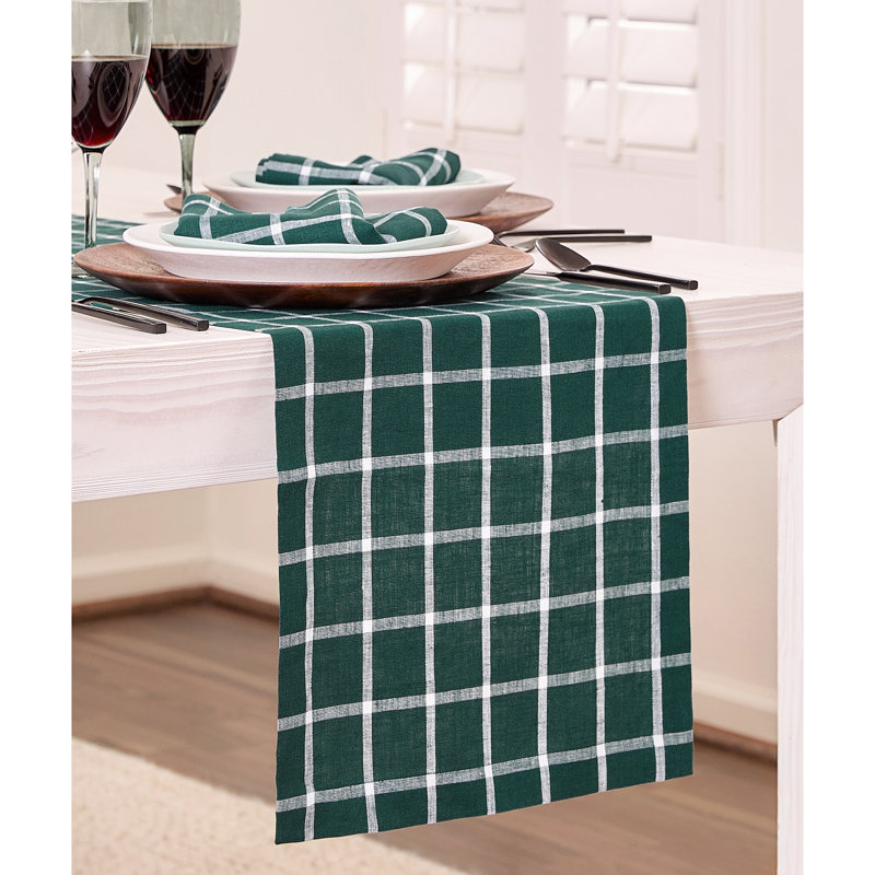 Morgan Check - 100% Pure Linen Table Runner, 120" x 14", Living Coral/White
