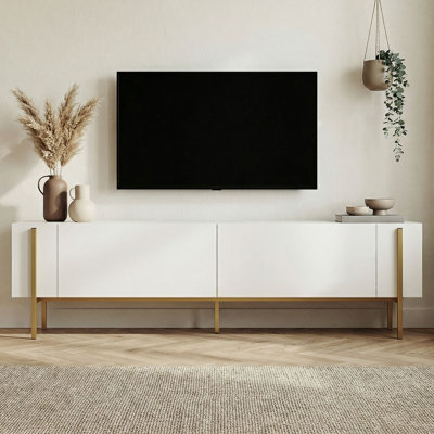 Meuble télé moderne avec pieds en métal, blanc et or, 70,9 po x 11,8 po x 17,7 po | 100% panneau de particules enduit de mélamine, design durable et élégant
