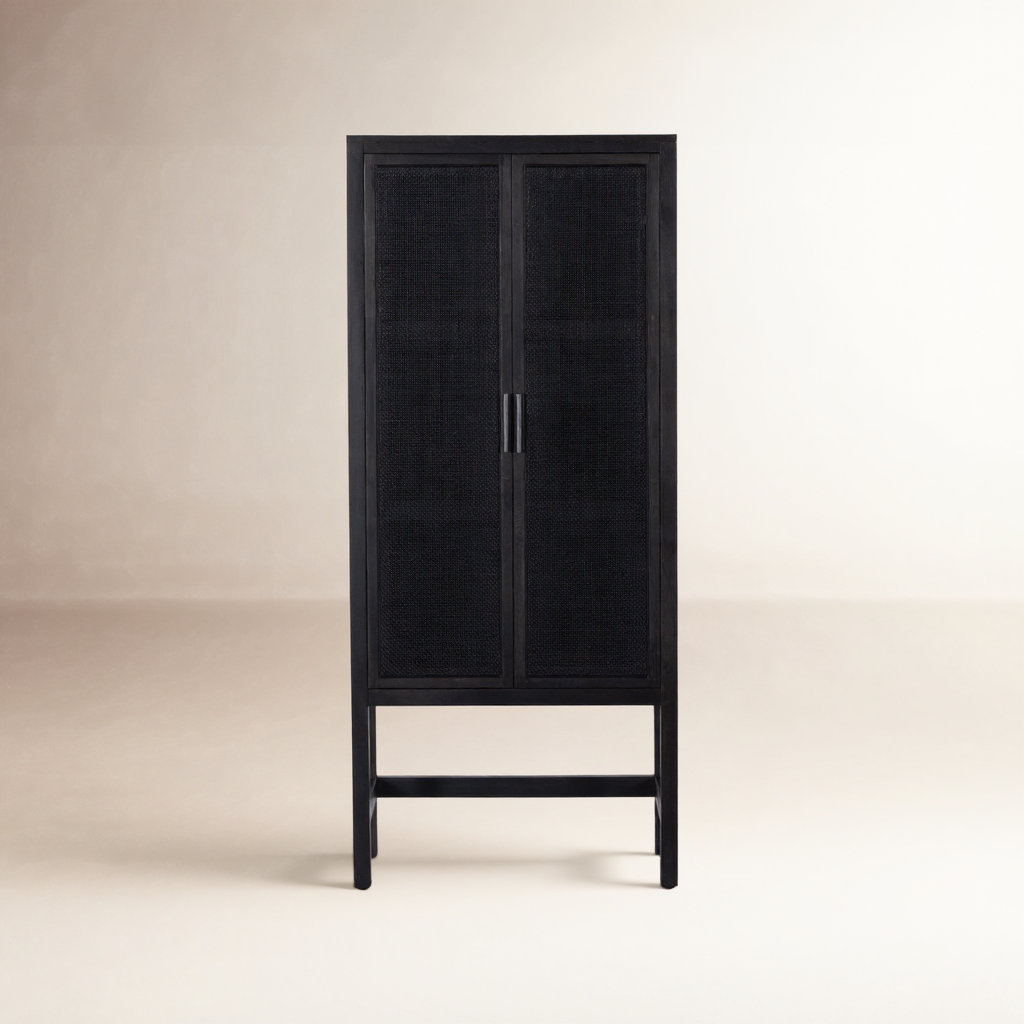Boudreau Solid Wood Storage Cabinet, Black Wash Mango/Black Natural Cane