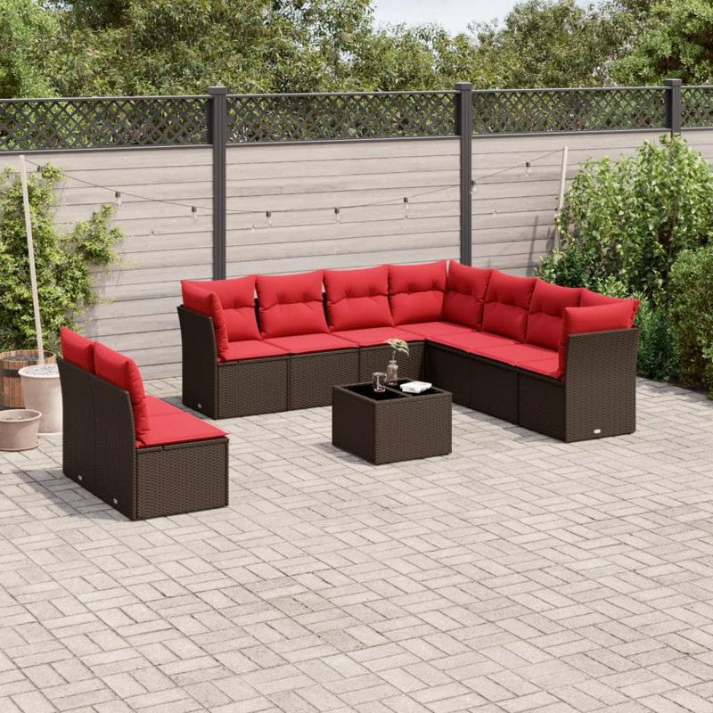 Ensemble de canapé de patio 10 pièces avec coussins en rotin de polyester, Rouge, Brun
